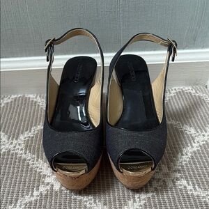 Jimmy Choo Black and Tan Wedge Sandals with Ankle Straps